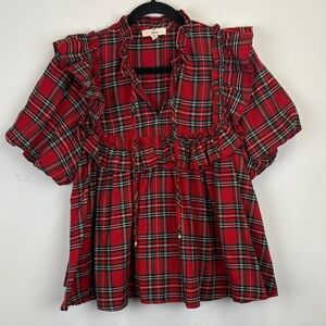 Entro Red Plaid Ruffle Top
